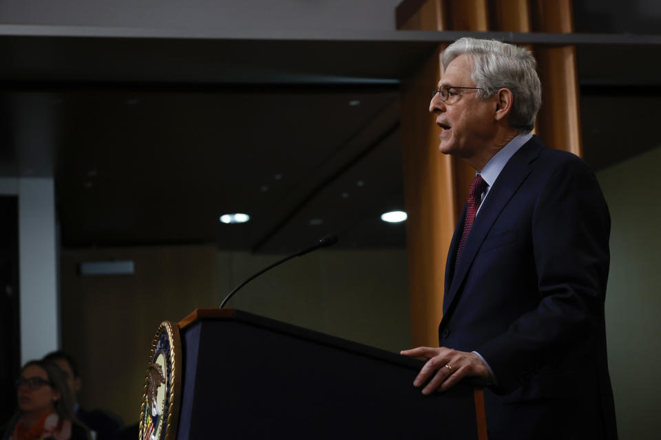WASHINGTON, DC - NOVEMBER 21: United States Attorney General Merrick Garland speaks during a press conference at the United States Department of Justice Building on November 21, 2023 in Washington, DC.  Garland held the press conference to announce new cryptocurrency enforcement actions taken against Binance who will plead guilty to money laundering in the United States.  (Photo by Anna Moneymaker/Getty Images)