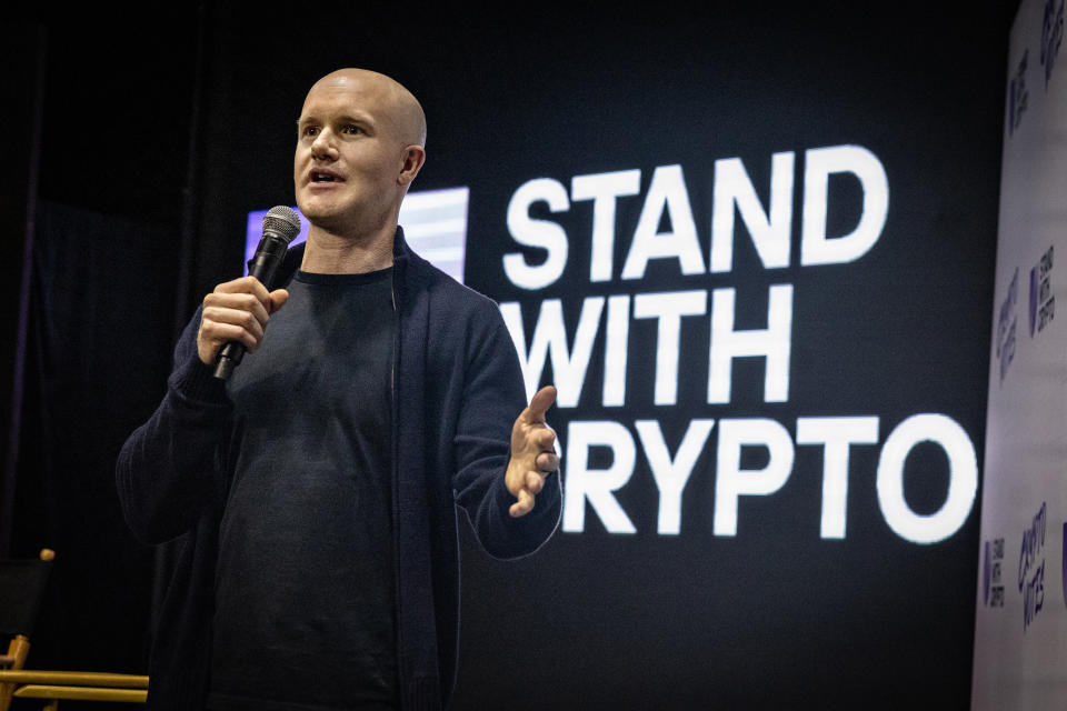 Los Angeles, CA - March 04: Brian Armstrong, CEO of Coinbase, speaks at the Stand with Crypto rally, hosted by cryptocurrency company Coinbase, to get out the vote on Monday, March 4, 2024 in Los Angeles.  Angeles, California.  (Jason Armond/Los Angeles Times via Getty Images)