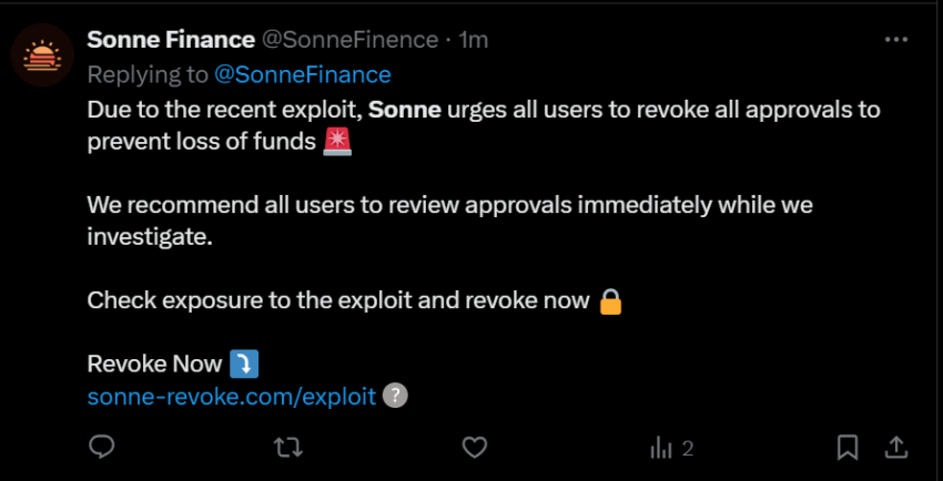 A fake Sonne Finance account shared a suspicious link.