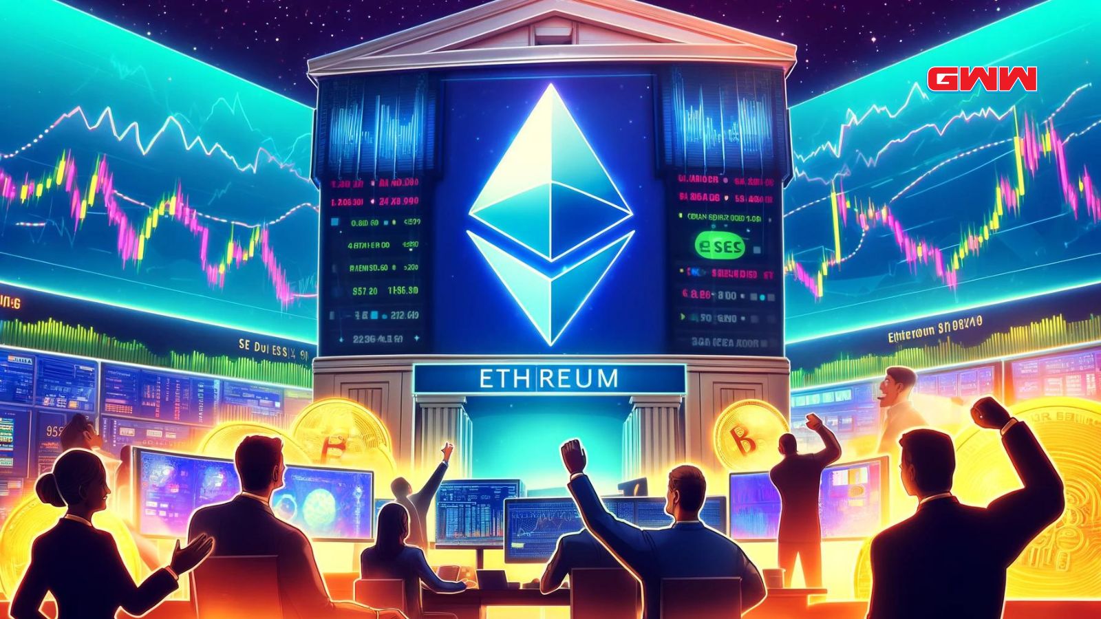 A vibrant financial scene celebrating SEC approval of Ethereum ETF applications