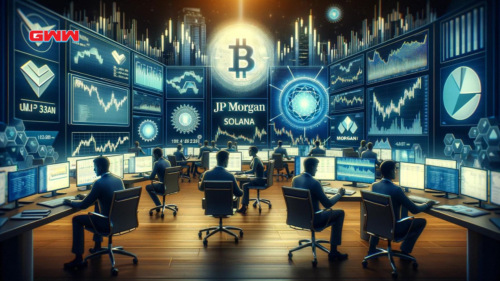 A financial scene showing JP Morgan's skepticism regarding the approval of Solana and other crypto ETFs