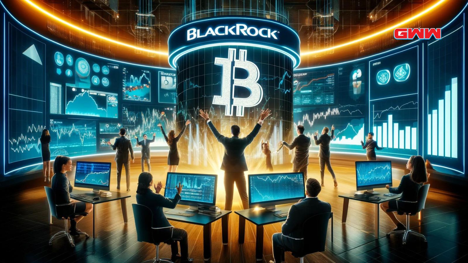 A financial scene showing BlackRock ETF becoming the largest Bitcoin fund in the world