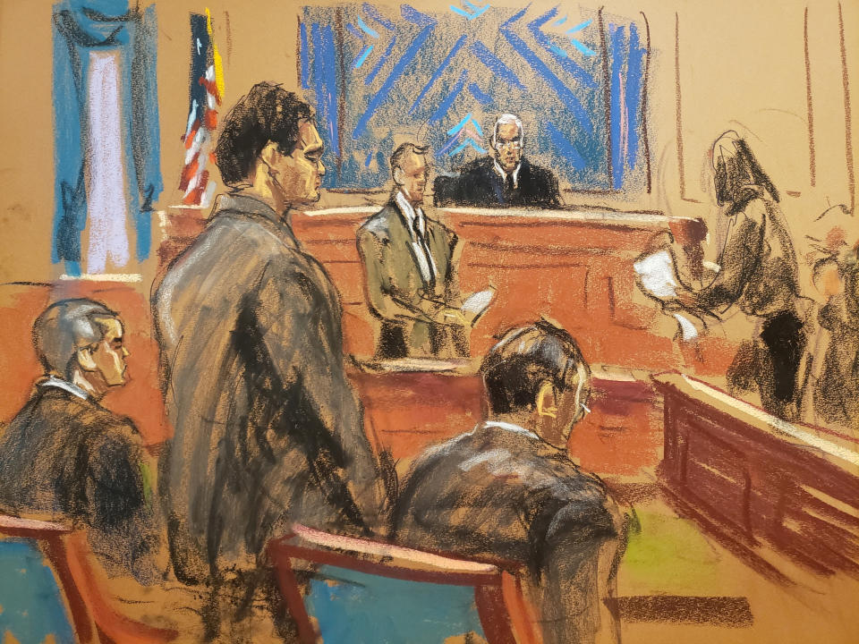 FTX founder Sam Bankman-Fried appears as the jury foreman reads the verdict in his fraud trial over the collapse of the bankrupt cryptocurrency exchange in federal court in New York, U.S. -United, November 2, 2023, in this courtroom sketch.  REUTERS/Jane Rosenberg