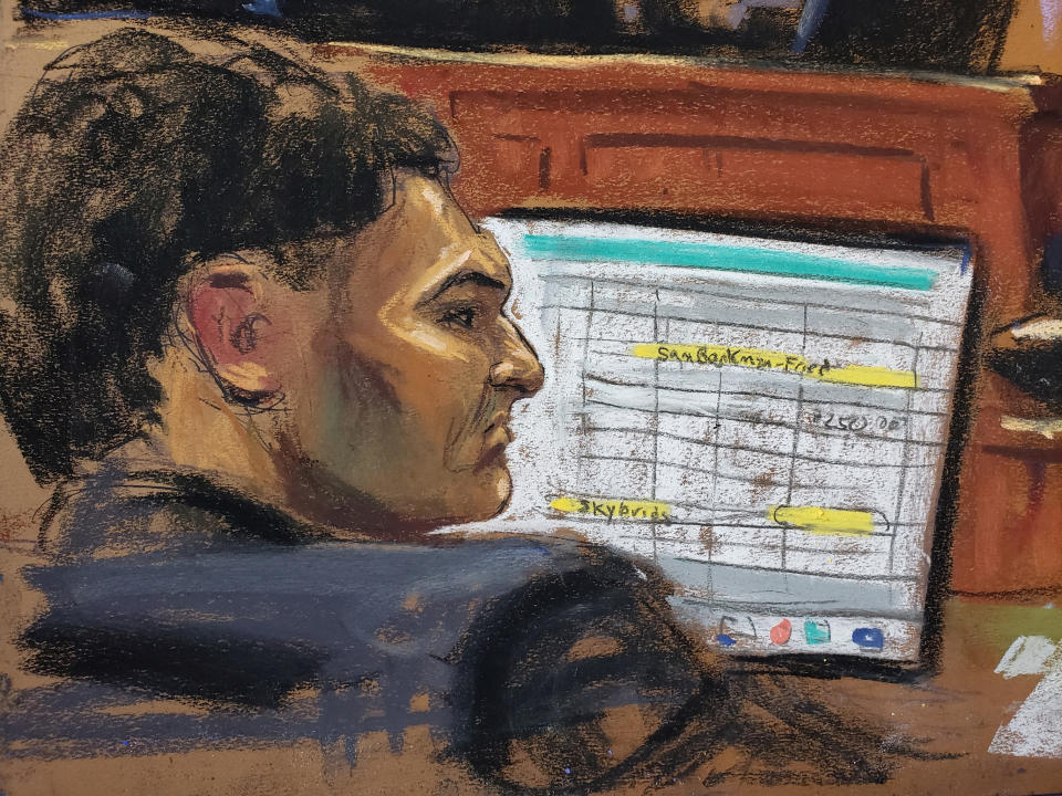 Sam Bankman-Fried sits during his fraud trial over the collapse of FTX, the bankrupt cryptocurrency exchange, in Federal Court in New York, U.S., October 16, 2023 in this room sketch audience.  REUTERS/Jane Rosenberg