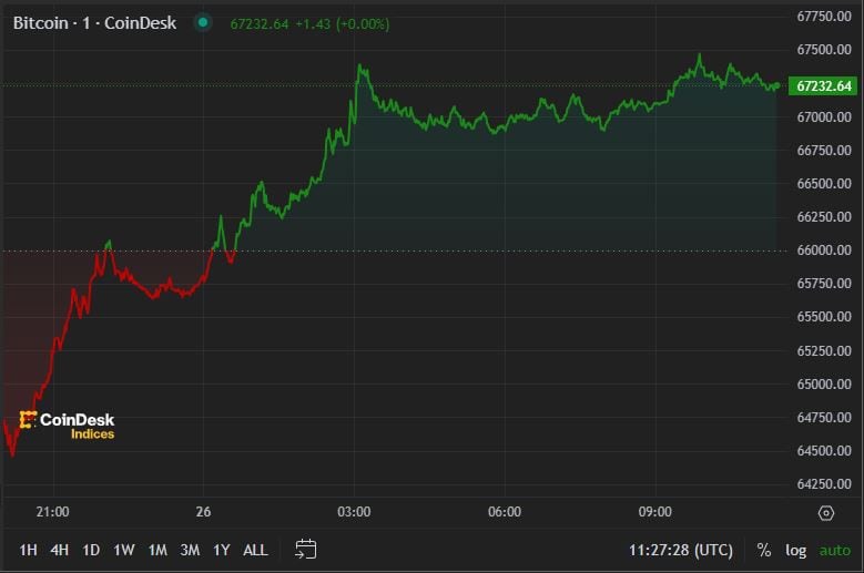 Bitcoin Recovers $67,000, Gains Nearly 5% in 24 Hours