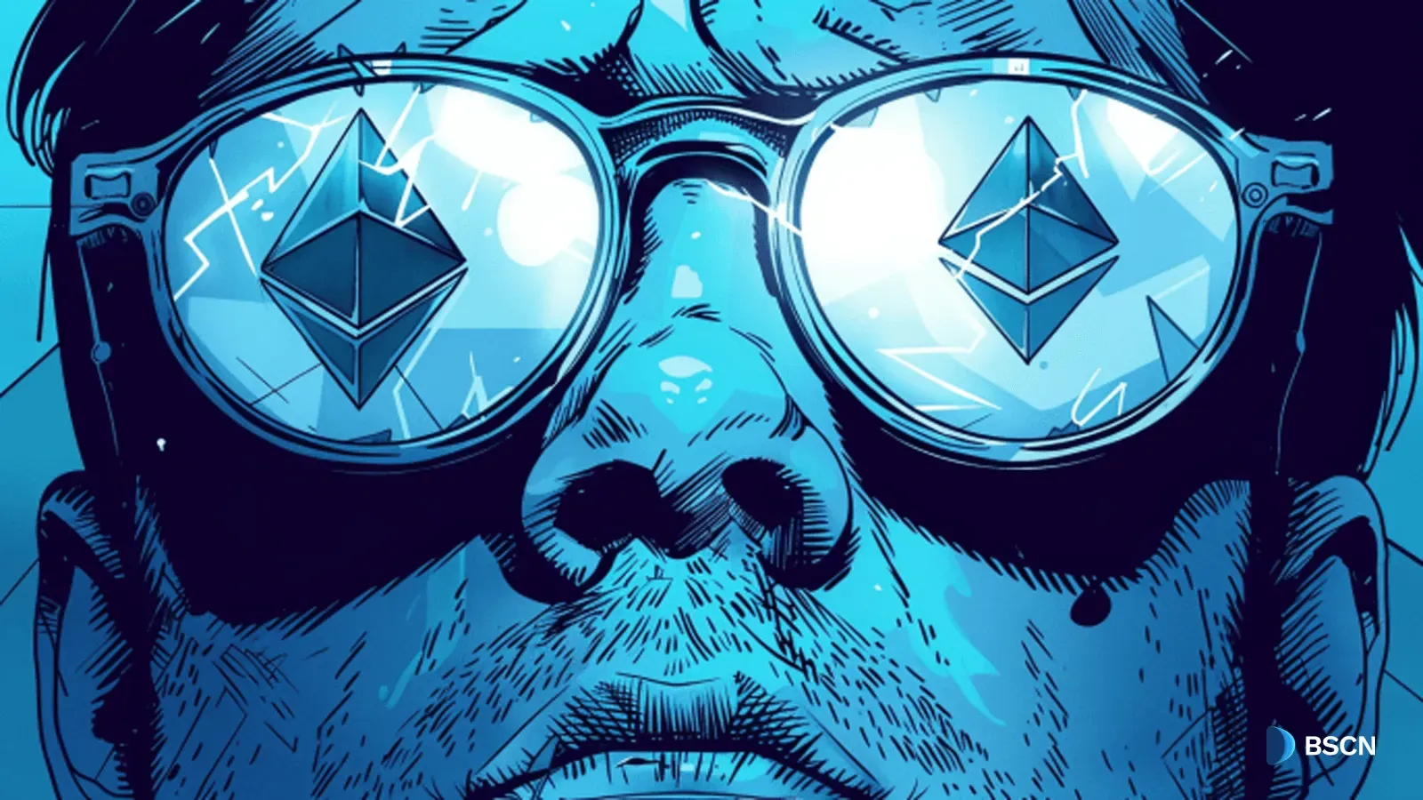 A man with Ethereum reflections on his sunglasses