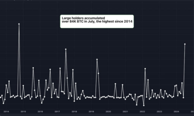 Large Bitcoin (BTC) holders added $5.4 billion in BTC in July, data shows