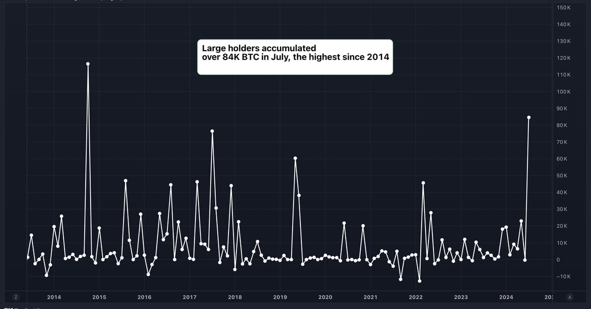 Large Bitcoin (BTC) holders added $5.4 billion in BTC in July, data shows